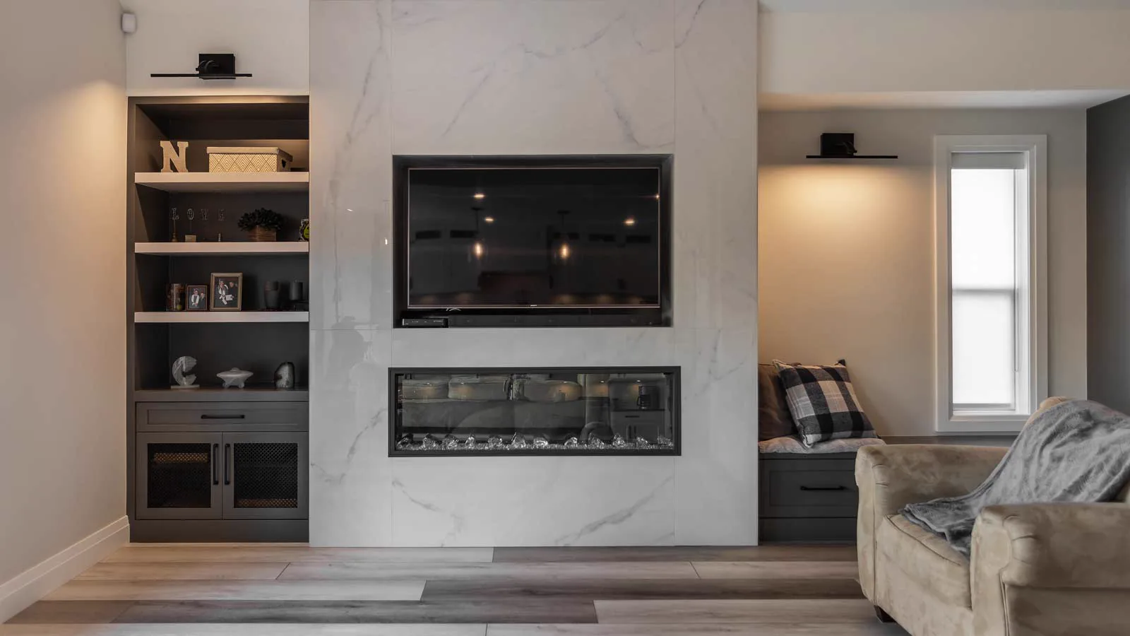 Custom fireplace, cabinetry, and living room in a Lower Mission renovation